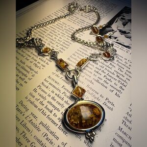 Premier Designs Silver Tone Faux Amber Pendant Necklace Earrings Set Heavy